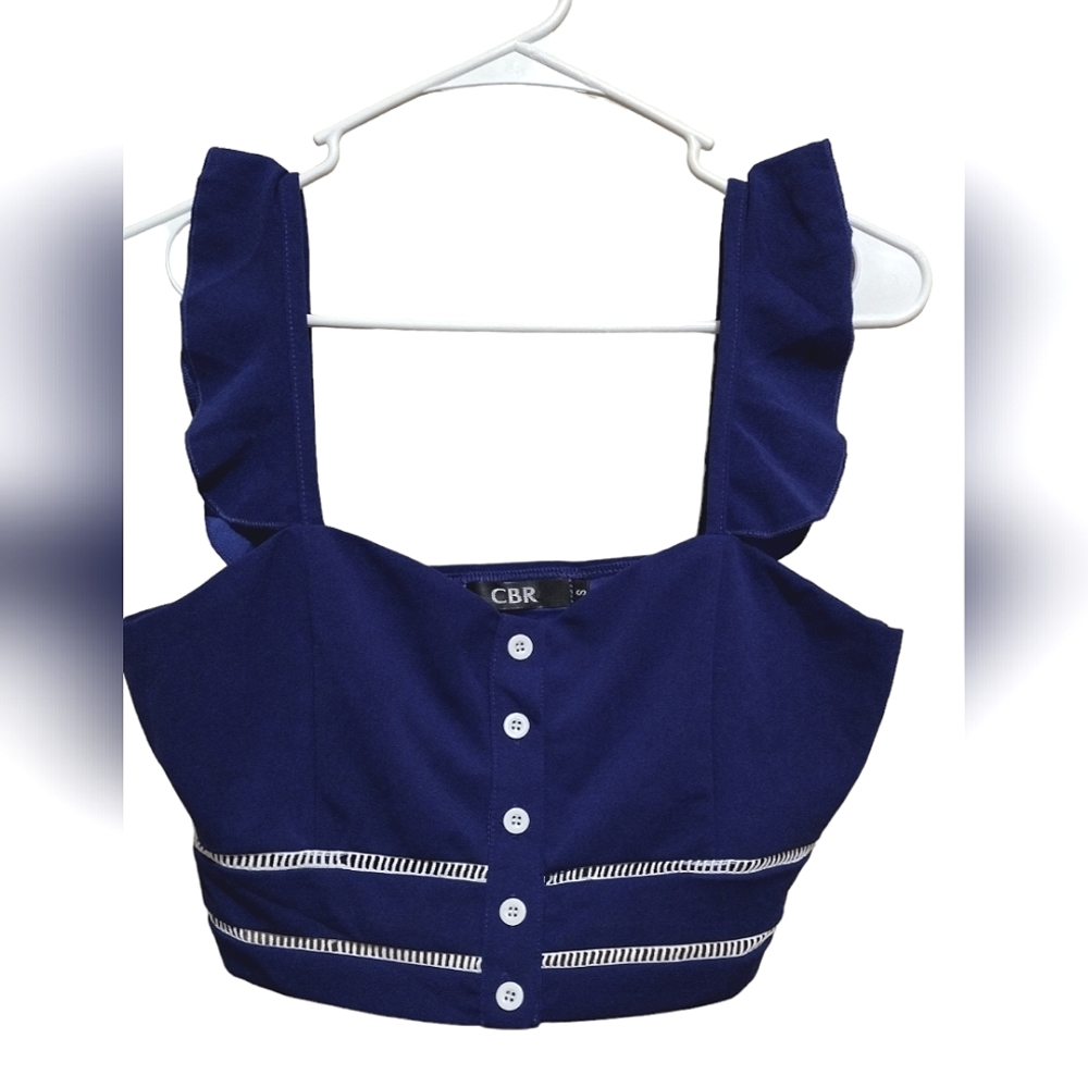 CBR Blue Crop Top w Ruffle Sleeves & White Accents, Size Small